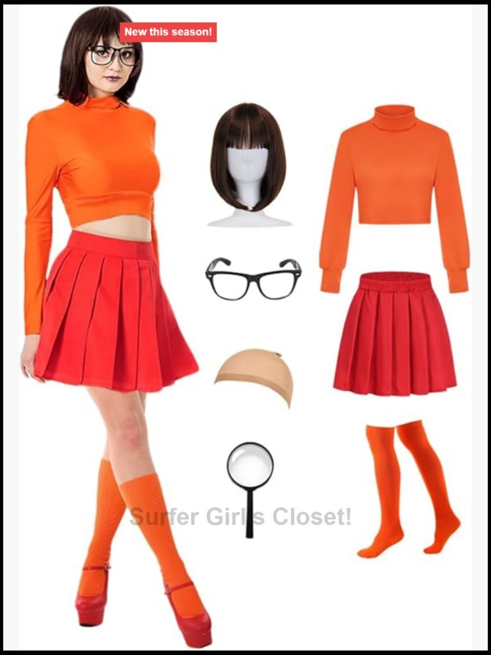 7pc Halloween Costume Set for Women Crop Top & Pleated Skirt Accessories
